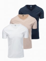 Zestaw bawełnianych męskich koszulek V-neck BASIC – biały/piaskowy/granatowy V12 - Rozmiar: XL. Białe t-shirty męskie Ombre Clothing, l, bez wzorów, z bawełny, bez kołnierzyka, bez ramiączek. W wyprzedaży za 112.49 zł.