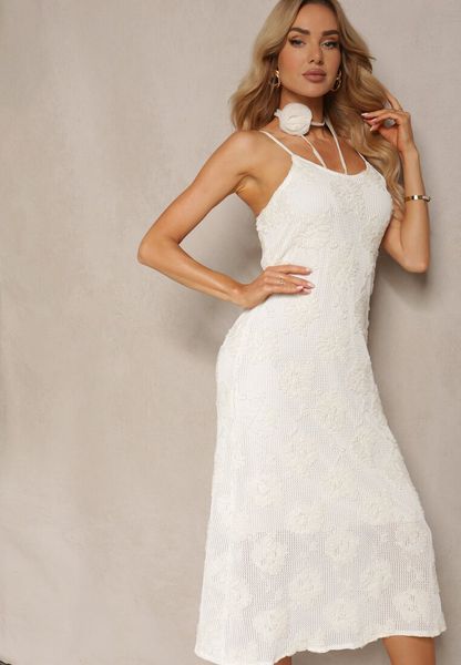 Jasnobeżowa Sukienka na Ramiączkach Dopasowana z Chokerem z Aplikacją Kwiatka Ellabelle. Brązowe sukienki damskie Renee, na co dzień, s, z aplikacjami, bez kołnierzyka, bez ramiączek, midi, dopasowane. Za 199.99 zł.