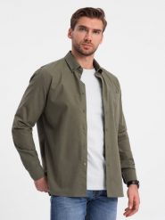 Bawełniana męska koszula REGULAR FIT z kieszenią - khaki V4 OM-SHOS-0153 - XXL. Brązowe koszule męskie Ombre Clothing, m, bez wzorów, z bawełny, bez kołnierzyka, bez ramiączek. Za 55.19 zł.