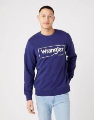 WRANGLER FRAME LOGO CREW MĘSKA BLUZA LOGO NADRUK BLUE W662HAB51 112321426. Niebieskie bluzy męskie Wrangler, m, bez wzorów, bez ramiączek, bez kaptura. Za 129.99 zł.