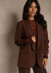 Jasnobrązowa Pudełkowa Marynarka Bez Zapięć z Wiskozą z Marszczonymi Rękawami Fenidia. Marynarki i żakiety damskie Renee, bez wzorów, z wiskozy, bez kołnierzyka, bez ramiączek. Za 109.99 zł.