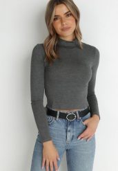 Ciemnoszara Bluzka Crop Top z Półgolfem Volei. Szare bluzki damskie Born2be, xl, bez wzorów, z dzianiny, bez kołnierzyka, bez ramiączek. Za 14.99 zł.
