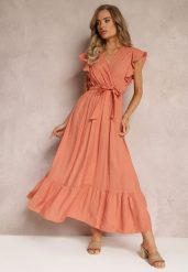 Pomarańczowa Rozkloszowana Sukienka Maxi z Gumką w Talii Lavla. Brązowe sukienki damskie Renee, l, bez wzorów, z materiału, bez kołnierzyka, bez ramiączek, maxi, rozkloszowane. Za 69.99 zł.