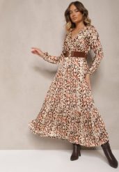 Brązowa Kopertowa Sukienka z Falbankami Ozdobiona Paskiem z Klamrą Rinnessa. Brązowe sukienki damskie Renee, na co dzień, l, bez wzorów, eleganckie, bez kołnierzyka, bez ramiączek, maxi, kopertowe. Za 119.99 zł.