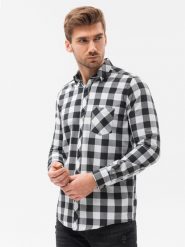 Koszula męska w kratę z długim rękawem - czarna K282 - XXL. Czarne koszule męskie Ombre Clothing, m, bez wzorów, z bawełny, klasyczne, bez kołnierzyka, bez ramiączek. W wyprzedaży za 39.99 zł.