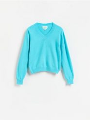 Wełniany sweter - turkusowy. Niebieskie swetry nierozpinane damskie Reserved, l, bez wzorów, z wełny, bez kołnierzyka, bez ramiączek. Za 199.99 zł.