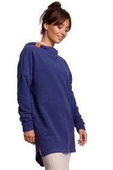 Nierozpinana Asymetryczna Bluza z Kapturem - Indygo. Czarne bluzy damskie MOE, l, bez wzorów, z bawełny, bez ramiączek, z kapturem. Za 253.90 zł.