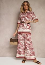 Bordowy Komplet z Wiskozy Koszula i Spodnie z Motywem Roślinnym Ridiene. Czerwone koszule damskie Renee, l, bez wzorów, z materiału, eleganckie, bez kołnierzyka, bez ramiączek. Za 89.99 zł.