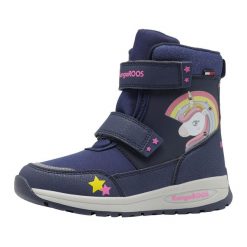 Śniegowce juniorskie KangaROOS K-MJ Edison EV RTX SL. Niebieskie buty zimowe męskie KangaRoos, na zimę, bez wzorów, bez obcasa, bez zapięcia. Za 209.99 zł.