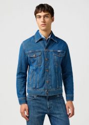 MESKA KURTKA JEANSOWA WRANGLER CLASSIC JACKET STONEWASH 112362737. Białe kurtki męskie Wrangler, m, bez wzorów, z bawełny, eleganckie, z kapturem. Za 299.99 zł.