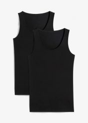 Top z bawełną (2 szt.). Niebieskie topy damskie bonprix, bez wzorów, z bawełny, casualowe, bez kołnierzyka, bez ramiączek. Za 47.99 zł.