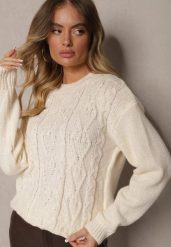 Jasnobeżowy Sweter z Wełną Ozdobnym Splotem i Ściągaczem Nariae. Brązowe swetry nierozpinane damskie Renee, uniwersalny, bez wzorów, z jeansu, casualowe, bez kołnierzyka, bez ramiączek. Za 59.99 zł.