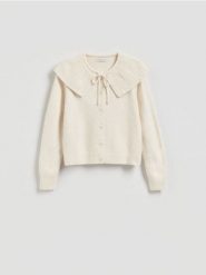 Kardigan z kołnierzem - kremowy. Białe kardigany damskie Reserved, l, bez wzorów, z dzianiny, bez kołnierzyka. Za 129.99 zł.