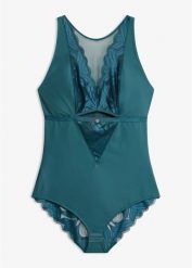 Body o średnim stopniu modelowania sylwetki, z koronką. Niebieskie body bonprix, bez wzorów, z koronki. Za 109.99 zł.