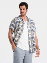 Wiskozowa wzorzysta męska koszula z krótkim rękawem – palmy V7 OM-SHPS-0113 - XL. Białe koszule męskie Ombre Clothing, l, bez wzorów, z materiału, klasyczne, bez kołnierzyka, bez ramiączek. W wyprzedaży za 69.99 zł.
