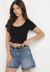 Czarny Bawełniany T-shirt o Dopasowanym Kroju z Guzikami Filareina. Czarne t-shirty damskie Born2be, l, bez wzorów, z bawełny, eleganckie, bez kołnierzyka, bez ramiączek. Za 34.99 zł.