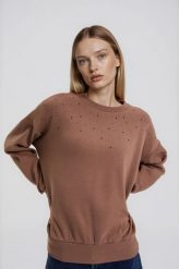 Bluza z dżetami beżowa. Brązowe bluzy damskie MOODO, l, bez wzorów, z bawełny, bez ramiączek, bez kaptura. Za 129.99 zł.