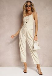 Jasnobeżowe Spodnie Paper Bag High Waist Zapinane na Suwak Nestabella. Brązowe spodnie materiałowe damskie Renee, bez wzorów, z jeansu, biznesowe, z podwyższonym stanem. Za 89.99 zł.