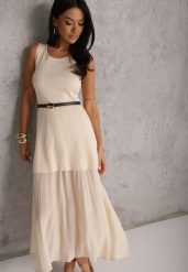 Beżowa Dzianinowa Sukienka z Wiskozą Zdobiona Podszewką i Paskiem z Klamrą Arkilia. Brązowe sukienki damskie Renee, na co dzień, s, z aplikacjami, z dzianiny, bez kołnierzyka, bez ramiączek, maxi. Za 99.99 zł.