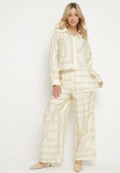 Beżowy Wiskozowy Komplet w Geometryczny Wzór Spodnie i Koszula Hanarieth. Brązowe koszule damskie Born2be, l, bez wzorów, z wiskozy, eleganckie, bez kołnierzyka, bez ramiączek. Za 139.99 zł.
