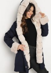 Granatowa Kurtka Parka z Kapturem i Odpinanym Futerkiem Ninria. Niebieskie kurtki damskie Born2be, l, bez wzorów, z dzianiny, z kapturem. Za 179.99 zł.