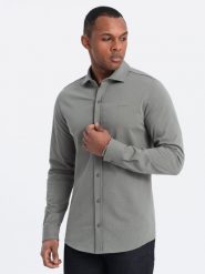 Bawełniana męska koszula REGULAR z dzianiny single jersey - jasny khaki V4 OM-SHCS-0138 - XL. Brązowe koszule męskie Ombre Clothing, m, bez wzorów, z bawełny, bez kołnierzyka, bez ramiączek. W wyprzedaży za 79.99 zł.