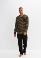 Piżama z czystej bawełny z długim rękawem. Czarne piżamy męskie bonprix, m, bez wzorów, z bawełny, bez kołnierzyka, bez ramiączek, długie. Za 99.99 zł.