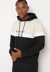 Czarno-Beżowa Bluza o Prostym Kroju z Kapturem Zdobiona Nadrukiem Bonilie. Czarne bluzy męskie Born2be, l, z aplikacjami, z materiału, z kapturem. Za 79.99 zł.