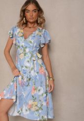 Jasnoniebieska Kopertowa Sukienka w Kwiaty Atesalia. Niebieskie sukienki damskie Renee, na co dzień, na wiosnę, m, bez wzorów, eleganckie, bez kołnierzyka, bez ramiączek, midi, kopertowe. Za 84.99 zł.