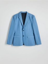 Marynarka slim fit - jasnoniebieski. Niebieskie garnitury męskie Reserved, l, bez wzorów, z dzianiny. W wyprzedaży za 159.99 zł.