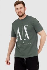 ARMANI EXCHANGE Szaro-zielony t-shirt męski z dużym logo. Zielone t-shirty męskie Armani Exchange, l, bez wzorów, prążkowane, bez kołnierzyka, bez ramiączek. W wyprzedaży za 159.99 zł.