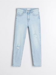 Jeansy z przetarciami Skinny fit - niebieski. Niebieskie jeansy damskie Sinsay, bez wzorów, z jeansu. W wyprzedaży za 55.99 zł.