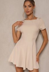 Beżowa Sukienka o Rozkloszowanym Kroju na Krótki Rękaw Zdobiona Przeszyciami Mepiza. Brązowe sukienki damskie Renee, na spotkanie biznesowe, l, z aplikacjami, eleganckie, bez kołnierzyka, bez ramiączek, mini, rozkloszowane. Za 69.99 zł.
