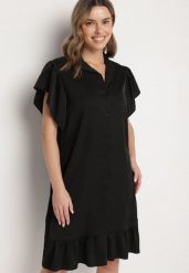 Czarna Sukienka Koszulowa z Guzikami i Falbankami Tenalena. Czarne sukienki damskie Born2be, na co dzień, bez wzorów, eleganckie, bez kołnierzyka, bez ramiączek, midi, koszulowe. Za 64.99 zł.