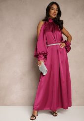 Fioletowa Koktajlowa Satynowa Sukienka z Odkrytymi Ramionami Tirreti. Fioletowe sukienki damskie Renee, na co dzień, l, bez wzorów, z satyny, eleganckie, bez kołnierzyka, bez ramiączek, maxi, z odkrytymi ramionami. Za 119.99 zł.