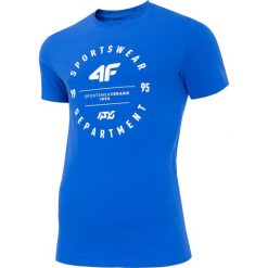 T-shirt męski TSM249 - niebieski. Niebieskie t-shirty męskie 4F, m, bez wzorów, z materiału, bez kołnierzyka, bez ramiączek. W wyprzedaży za 39.99 zł.