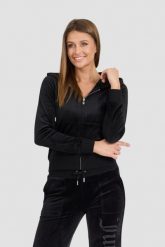 JUICY COUTURE Damska czarna bluza Robertson Jewelled Velour Hoodie. Czarne bluzy damskie Juicy Couture, s, bez wzorów, z weluru, eleganckie, bez ramiączek, bez kaptura. W wyprzedaży za 360.99 zł.