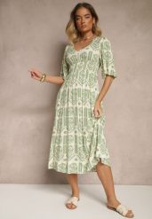 Zielono-Kremowa Sukienka Boho Rozkloszowana z Wiskozy z Odkrytymi Plecami Tuvria. Zielone sukienki damskie Renee, na co dzień, l, bez wzorów, z wiskozy, boho, bez kołnierzyka, bez ramiączek, midi, rozkloszowane. Za 54.99 zł.