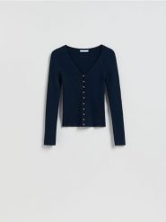 Kardigan z dodatkiem wiskozy - granatowy. Niebieskie kardigany damskie Reserved, l, bez wzorów, z dzianiny, bez kołnierzyka. Za 119.99 zł.
