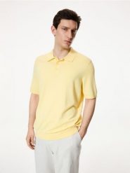 Sweter polo z wiskozą - jasnożółty. Żółte swetry męskie Reserved, l, bez wzorów, z dzianiny, bez kołnierzyka, bez ramiączek. Za 99.99 zł.