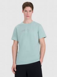 4F T-shirt regular z nadrukiem męski - turkusowy L. Niebieskie koszulki sportowe męskie 4F, l, bez wzorów, z bawełny, bez ramiączek. Za 59.99 zł.