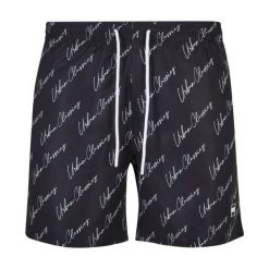 Męskie Spodenki Kąpielowe Z Logo Script. Czarne szorty męskie Urban Classics, bez wzorów, sportowe. Za 104.99 zł.