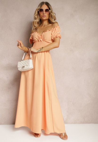 Pomarańczowa Sukienka z Wiskozy z Gumką w Talii i Kopertowym Dekoltem Rhoneri. Brązowe sukienki damskie Renee, na imprezę, m, bez wzorów, z wiskozy, eleganckie, bez kołnierzyka, bez ramiączek, maxi, kopertowe. Za 69.99 zł.