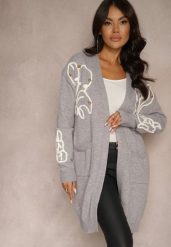 Szary Kardigan Nierozpinany z Kieszeniami i Cekinami Firizelle. Szare kardigany damskie Renee, bez wzorów, z jeansu, eleganckie, bez kołnierzyka. Za 149.99 zł.