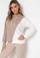 Beżowa Bluza z Bawełny z Asymetrycznym Wzorem i Kapturem Revea. Brązowe bluzy damskie Born2be, bez wzorów, z bawełny, casualowe, bez ramiączek, z kapturem. Za 89.99 zł.