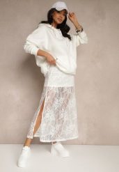 Biała Koronkowa Spódnica o Rozkloszowanym Kroju z Rozcięciem Zarlaura. Białe spódnice damskie Renee, na co dzień, m, z aplikacjami, z koronki, eleganckie, midi, rozkloszowane. Za 89.99 zł.