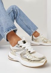 Złote Sznurowane Sneakersy na Grubej Podeszwie ze Wstawkami z Ekoskóry Vitalirs. Żółte obuwie sportowe damskie Born2be, bez wzorów, bez zapięcia. Za 119.99 zł.