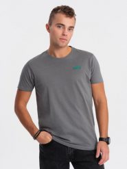Bawełniany męski t-shirt z zieloną naszywką na piersi – szary V1 OM-TSCT-0151 - XXL. Szare t-shirty męskie Ombre Clothing, l, z aplikacjami, z bawełny, bez kołnierzyka, bez ramiączek. Za 77.99 zł.