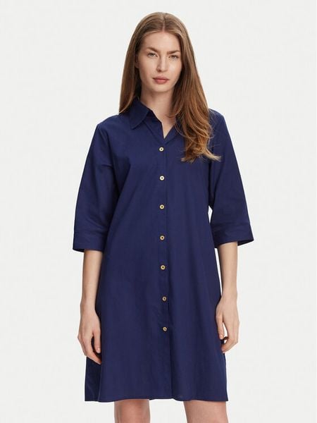 Selmark Sukienka koszulowa BM033 Granatowy Relaxed Fit. Niebieskie sukienki damskie Selmark, m, bez wzorów, z bawełny, bez kołnierzyka, bez ramiączek, koszulowe. Za 139.99 zł.