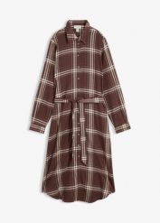 Sukienka midi z flaneli z czystej bawełny. Brązowe sukienki damskie bonprix, bez wzorów, z bawełny, bez kołnierzyka, bez ramiączek, midi, dopasowane. Za 149.99 zł.